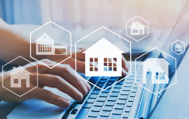 dontinuing edu buy house, real estate concept, different offers of property online, hands typing on computer as background